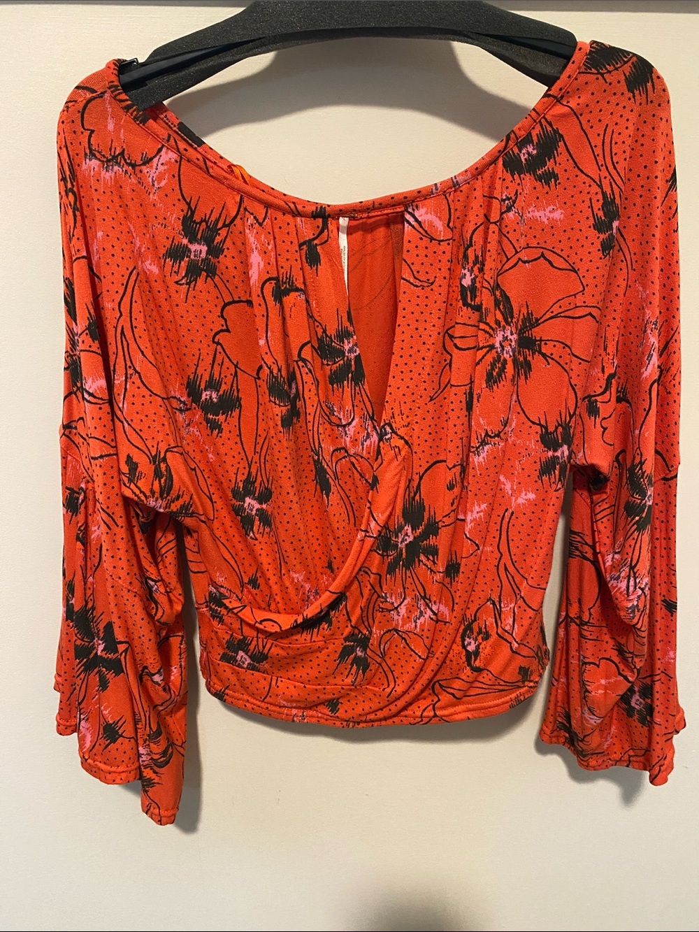 Free People Bright Orange Floral Wrap-Front Blouse